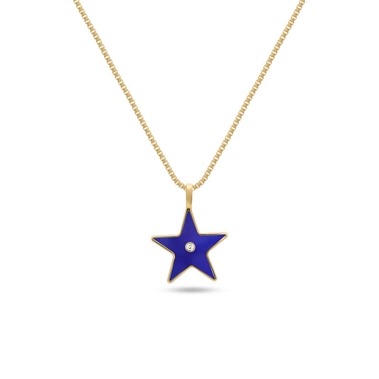 Gold necklace featuring a navy blue enamel star pendant with a centered diamond accent on a plain white background.