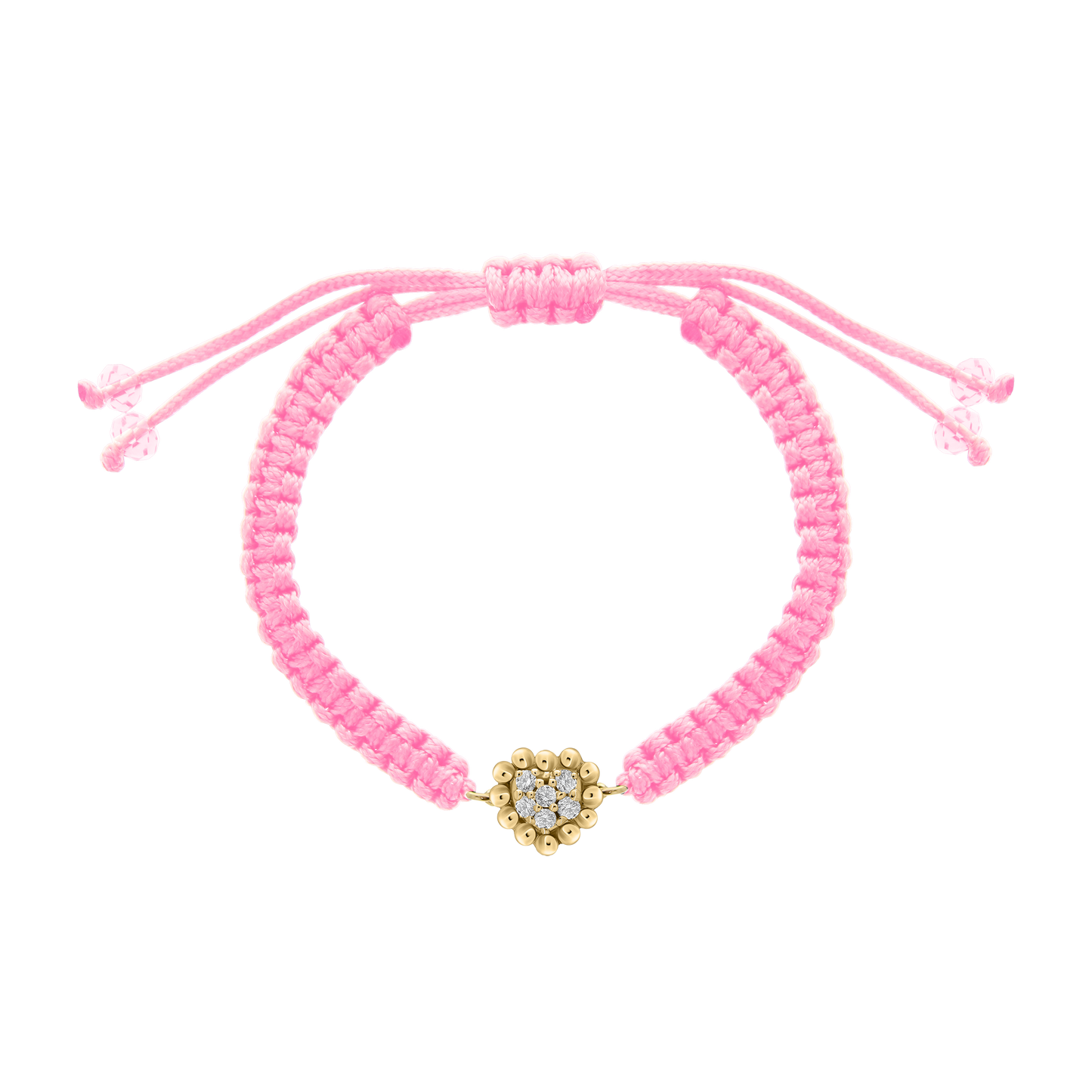 Pink cord bracelet featuring a heart-shaped 18K gold charm with clustered diamonds at the center, designed for children.