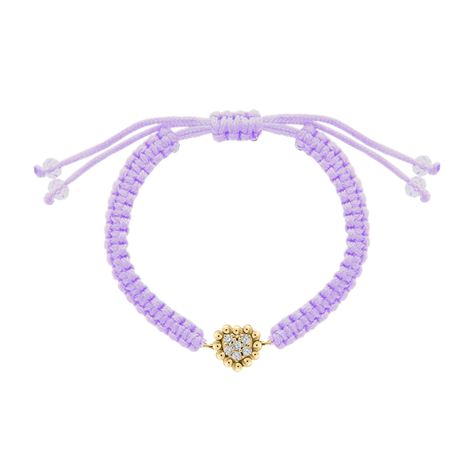 Lilac macramé bracelet with a delicate gold and diamond heart centerpiece, combining playful color with fine craftsmanship for kids.