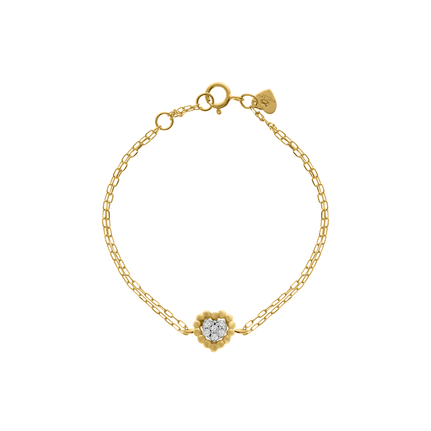 A delicate 18K yellow-gold bracelet featuring a scalloped gold-bead heart motif set with a cluster of round brilliant-cut diamonds, suspended on a fine double paper-clip chain with a spring-ring clasp and a small heart-shaped brand tag, shown on a transparent background.