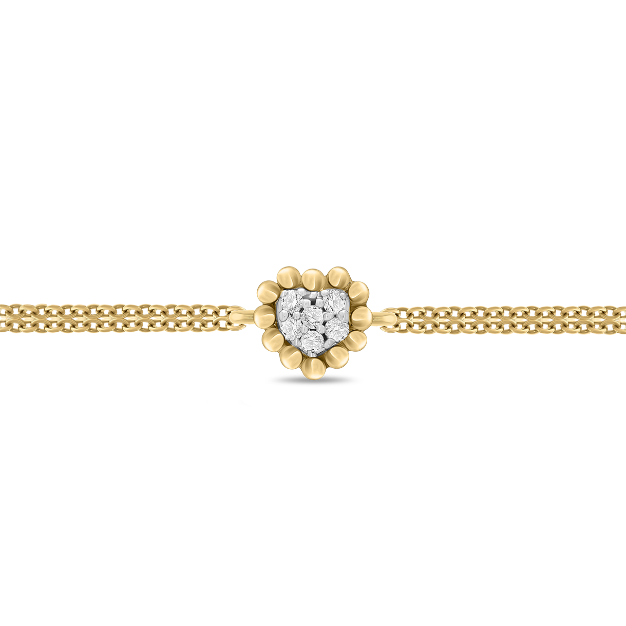 A detailed studio view of the central motif of a Sweetest of Hearts diamond bracelet: a small scalloped gold-bead heart frame set with a cluster of round brilliant diamonds, flanked by two strands of fine yellow-gold paper-clip chain, shown on a transparent background.