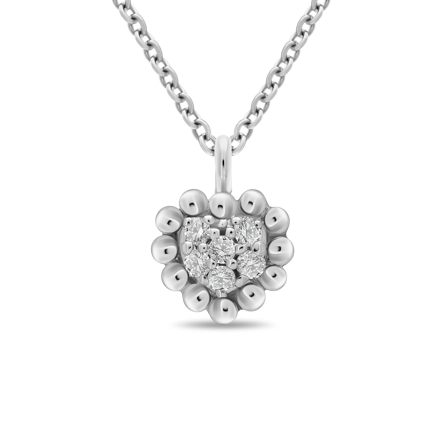 An 18K white-gold heart pendant necklace on a transparent background: a scalloped gold-bead heart frame encircling a cluster of round brilliant-cut diamonds, suspended from a fine paper-clip chain.