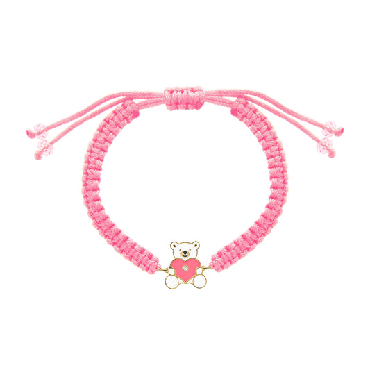 A pink teddy bear bracelet with a gold charm on a white background