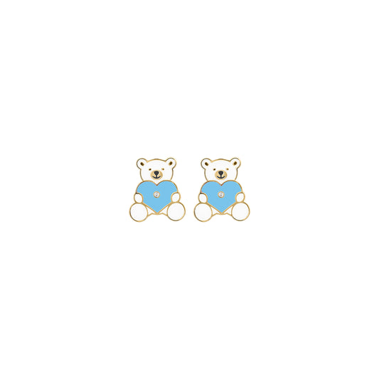 Gold teddy bear diamond earrings with blue enamel heart design