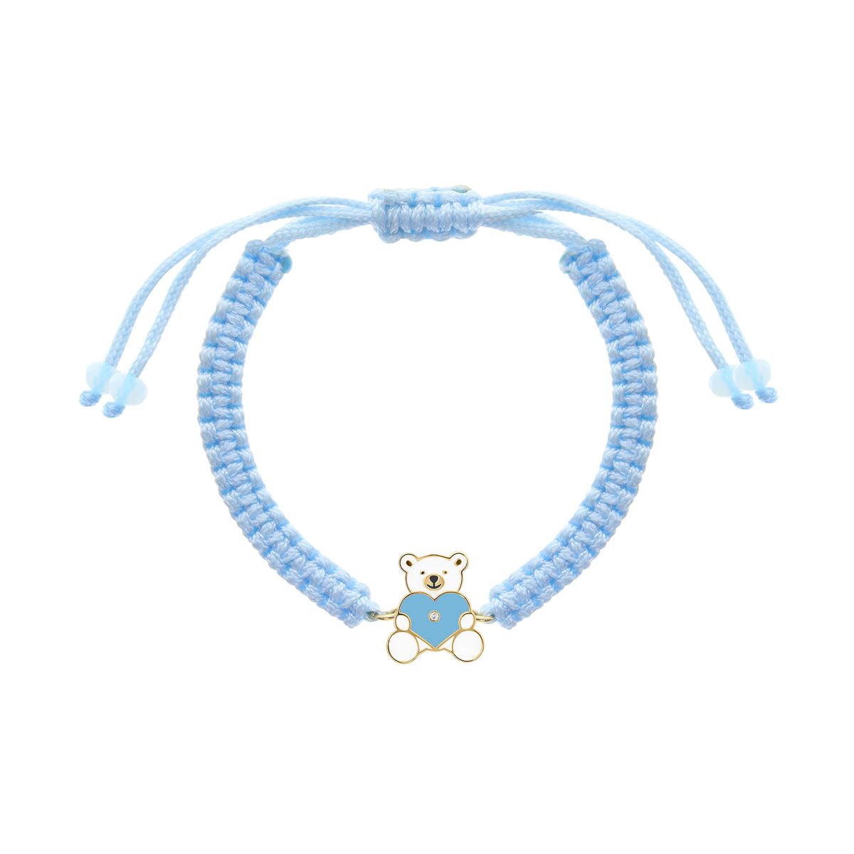 Blue cord bracelet with yellow gold teddy bear heart charm