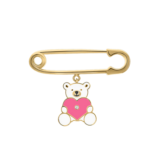 A gold pin with a teddy bear design, featuring a pink heart and a sparkling diamond.