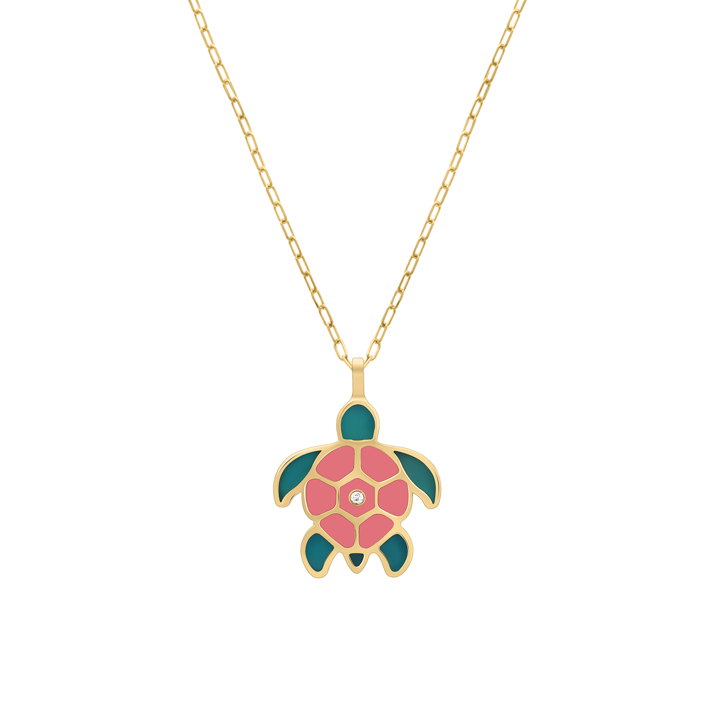 18K gold turtle necklace with pink and teal enamel and center diamond