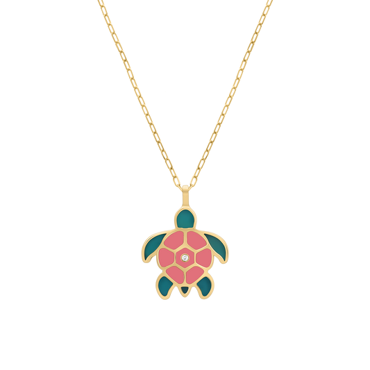 18K gold turtle necklace with pink and teal enamel and center diamond