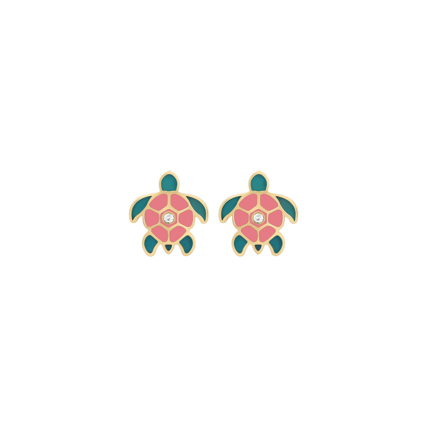 A pair of turtle-shaped earrings with pink and green enamel and a small diamond in the center.