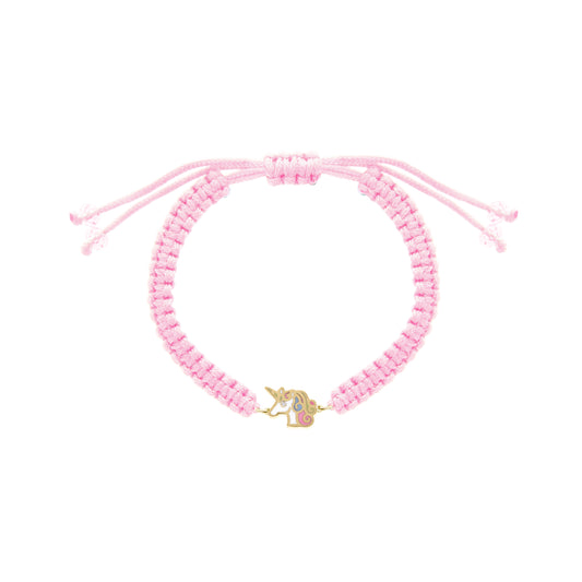 Pink woven adjustable bracelet featuring a colorful enamel unicorn charm with a tiny diamond eye, displayed on a white background.