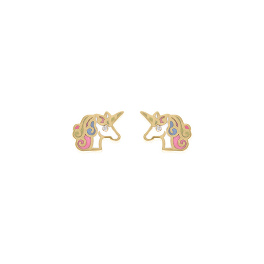 Pair of gold unicorn-shaped stud earrings with multicolor enamel detailing in pink, white, and blue, each featuring a small diamond eye, displayed on a white background.