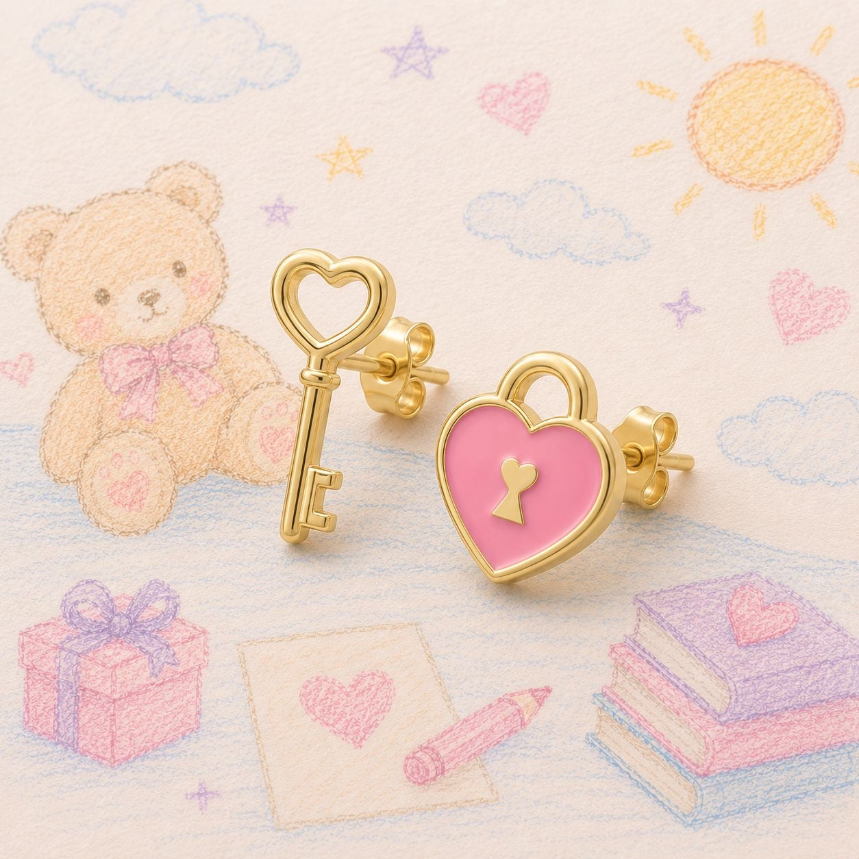 Pink Heart Lock & Key Stud Earrings