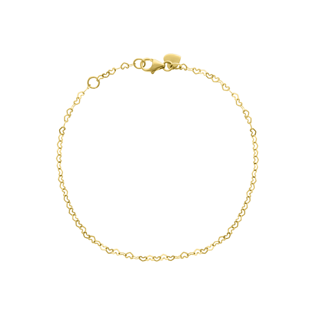 Side view of yellow gold bracelet with heart-shaped chain links