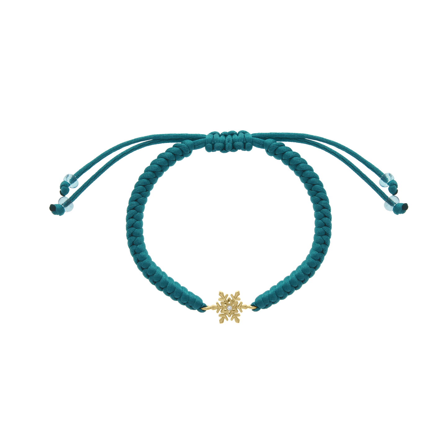 Teal braided cord bracelet with yellow gold snowflake charm and diamond center