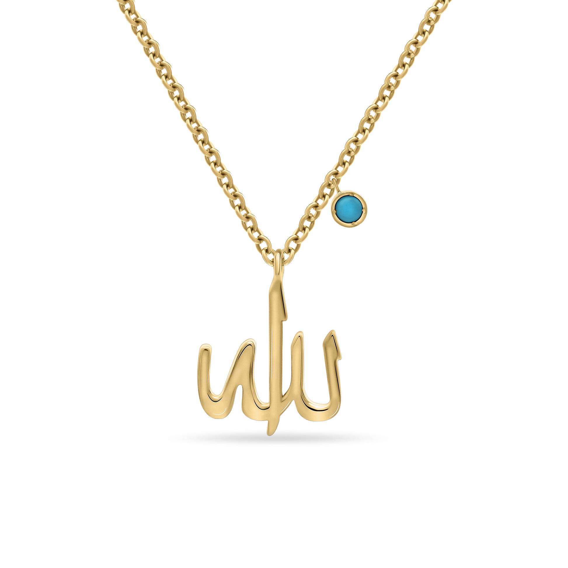 Crafted in 18K gold, this refined necklace features the word “Allah” in graceful Arabic script, accompanied by a striking turquoise charm for a meaningful and protective touch. A timeless symbol of faith, thoughtfully sized for little ones.