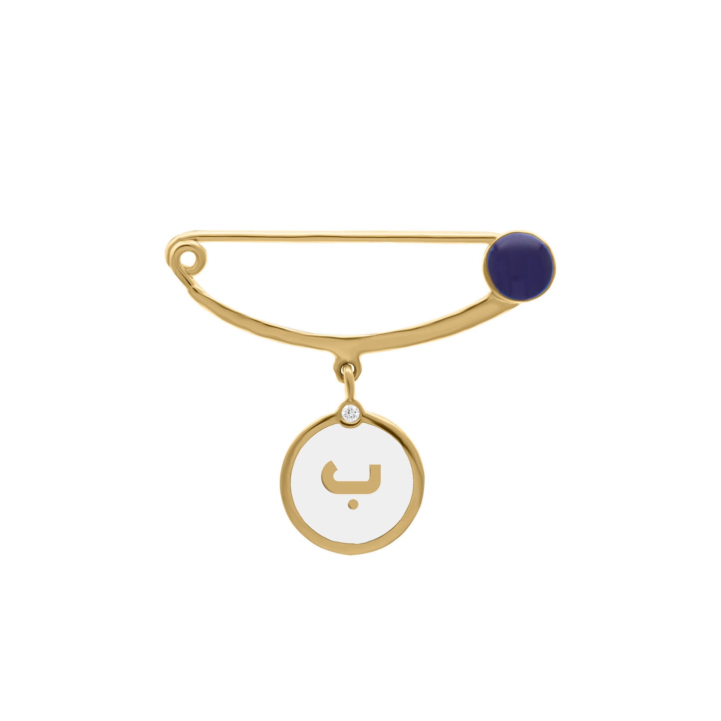 Gold safety pin brooch with navy enamel accent and a dangling round charm featuring the Arabic letter “ب” in gold and a small diamond detail.