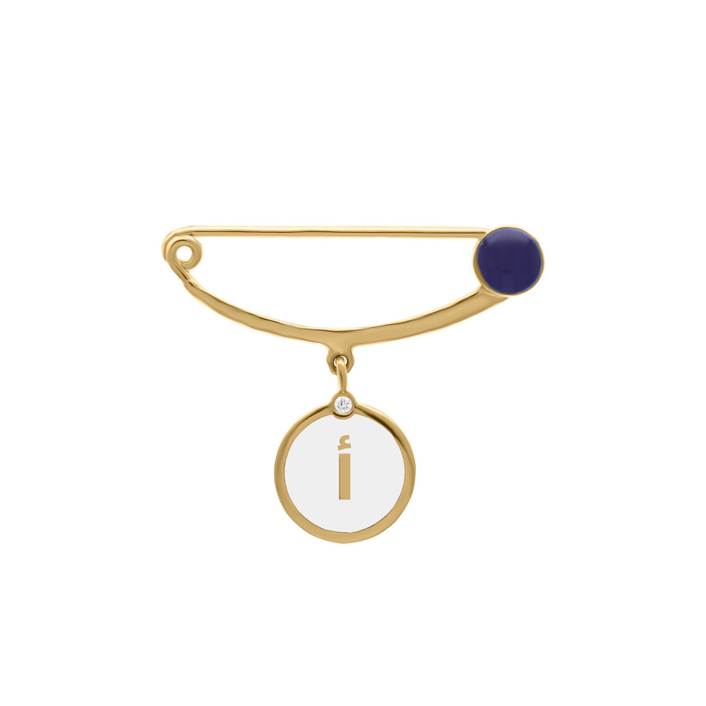 Gold safety pin brooch with navy enamel accent and a dangling round charm featuring the Arabic letter “آ” in gold and a small diamond detail.