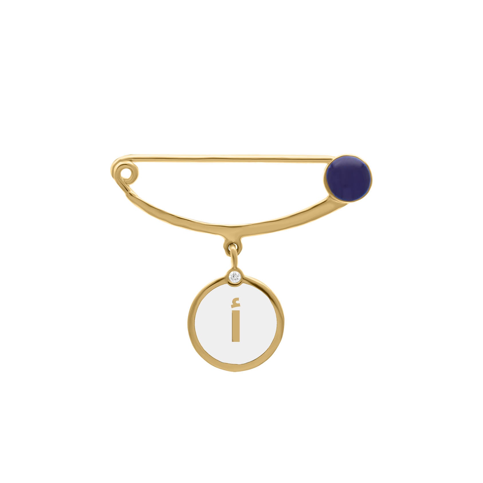Gold safety pin brooch with navy enamel accent and a dangling round charm featuring the Arabic letter “آ” in gold and a small diamond detail.