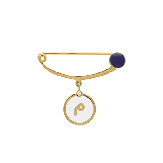 Gold safety pin brooch with navy enamel accent and a dangling round charm featuring the Arabic letter “م” in gold and a small diamond detail.