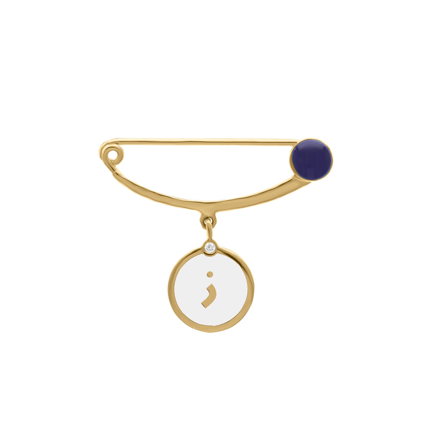 Gold safety pin brooch with navy enamel accent and a dangling round charm featuring the Arabic letter “ز” in gold and a small diamond detail.