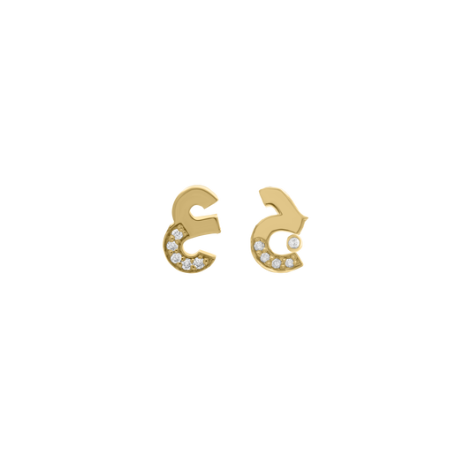 Gold Arabic initial letter earrings with diamonds