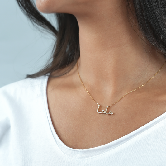 18K gold Arabic MAMA necklace with diamonds worn by model