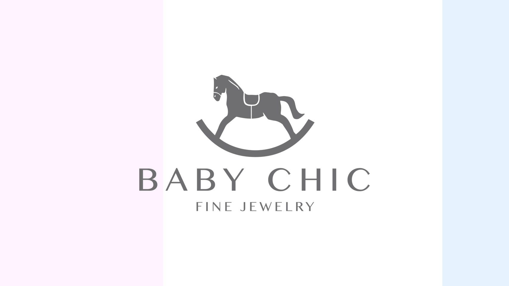 A BabyChic Fine Jewelry e-gift card design featuring the BabyChic logo (a minimalist rocker-horse icon above ‘BABY CHIC Fine Jewelry’ in gray) centered on a white background, with soft vertical pastel stripes (pale pink on the left, pale blue on the right)