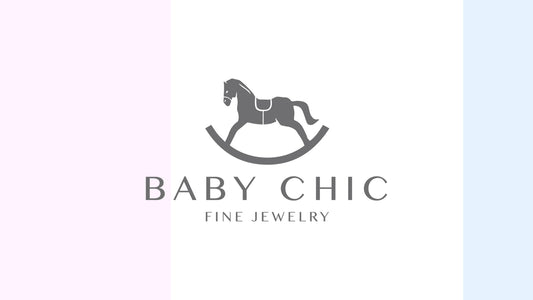 A BabyChic Fine Jewelry e-gift card design featuring the BabyChic logo (a minimalist rocker-horse icon above ‘BABY CHIC Fine Jewelry’ in gray) centered on a white background, with soft vertical pastel stripes (pale pink on the left, pale blue on the right)