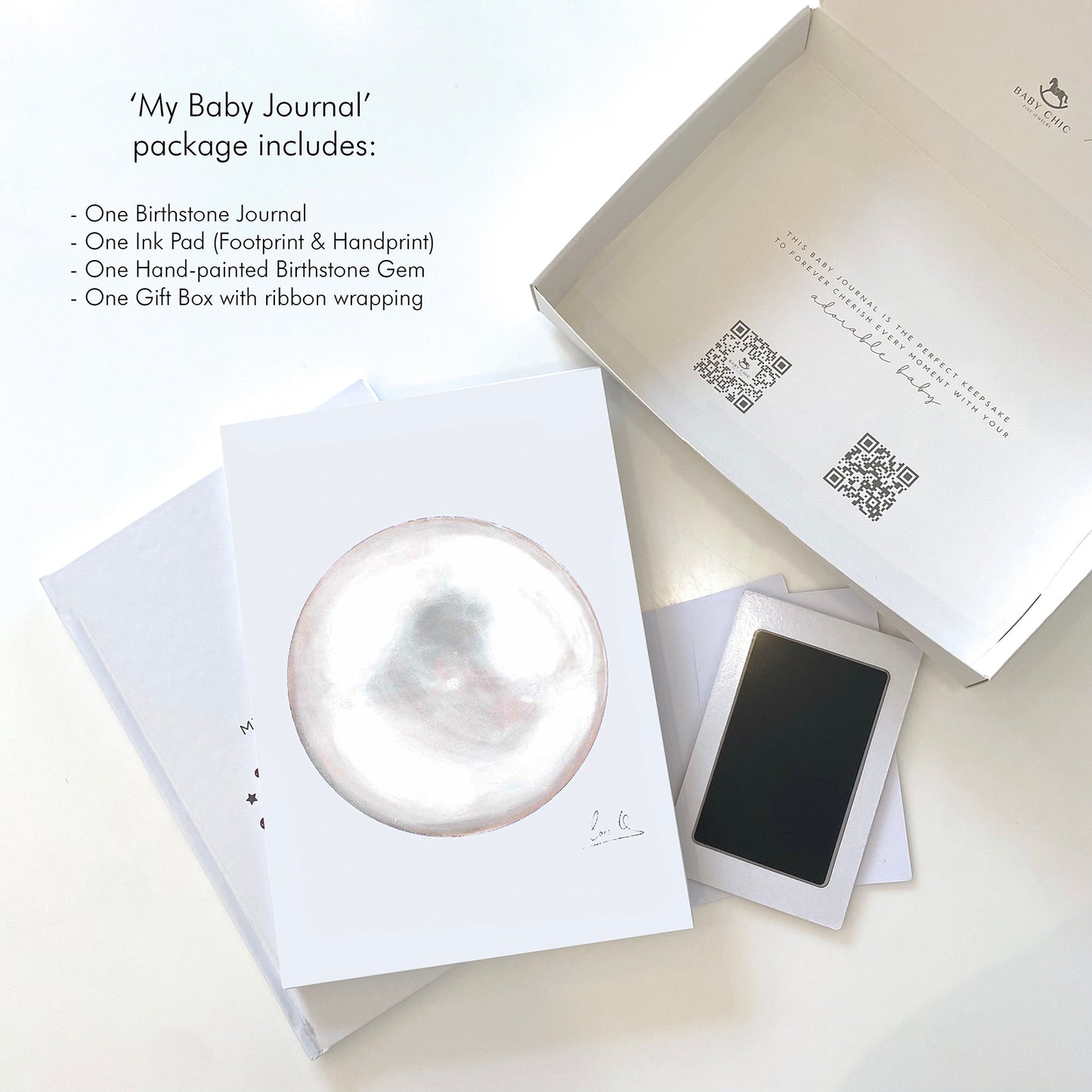 Baby journal birthstone edition full set with pearl cover, ink pad, and gift box