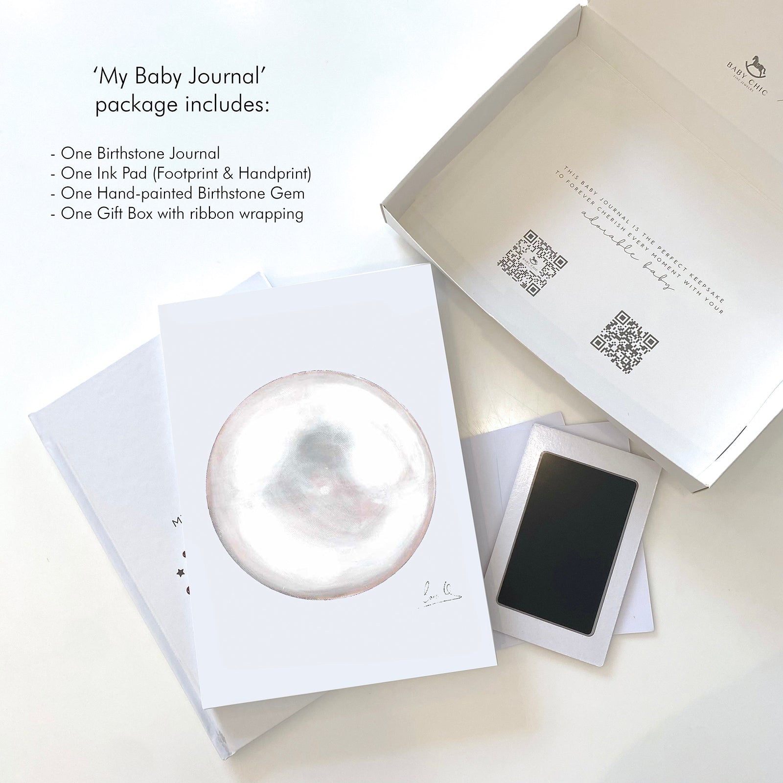 Baby journal birthstone edition full set with pearl cover, ink pad, and gift box