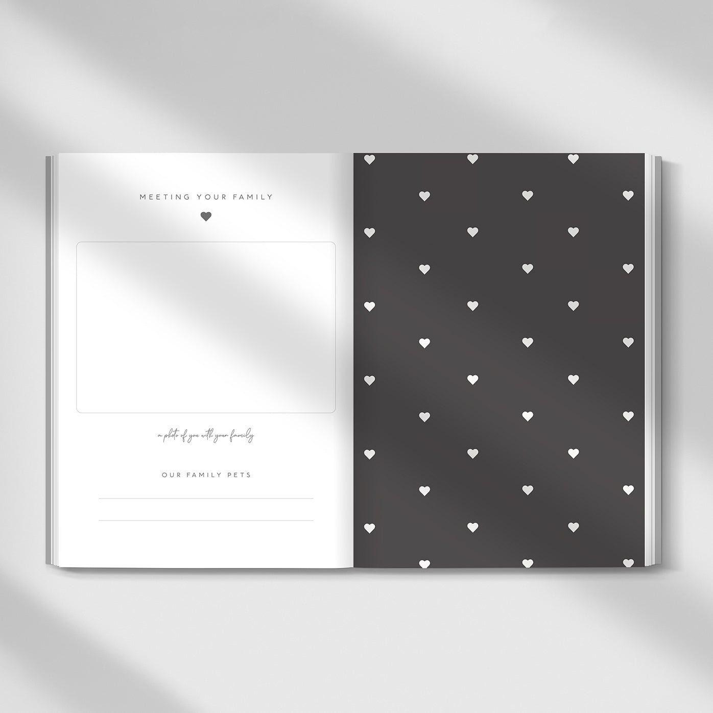 Baby journal spread for family photo and pet names