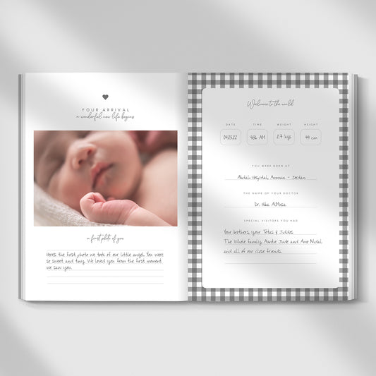 Baby arrival journal entry with photo and birth details page