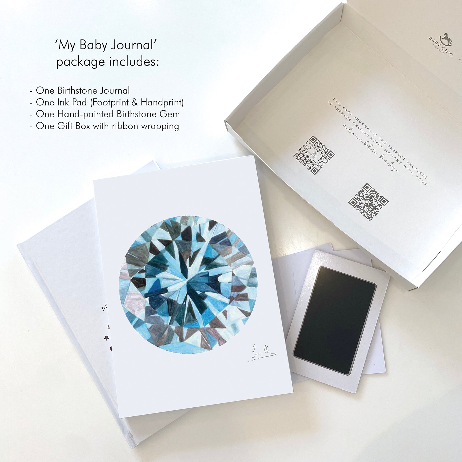 Aquamarine baby journal gift set with ink pad and birthstone illustration