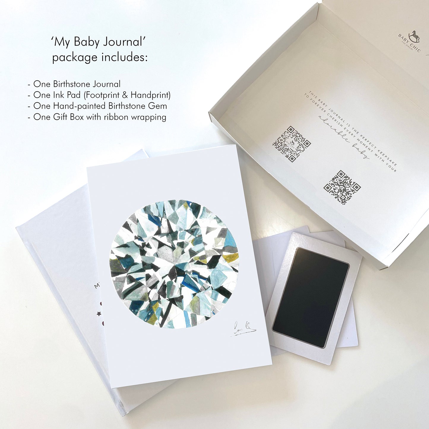 Diamond birthstone journal with ink pad and gift box.