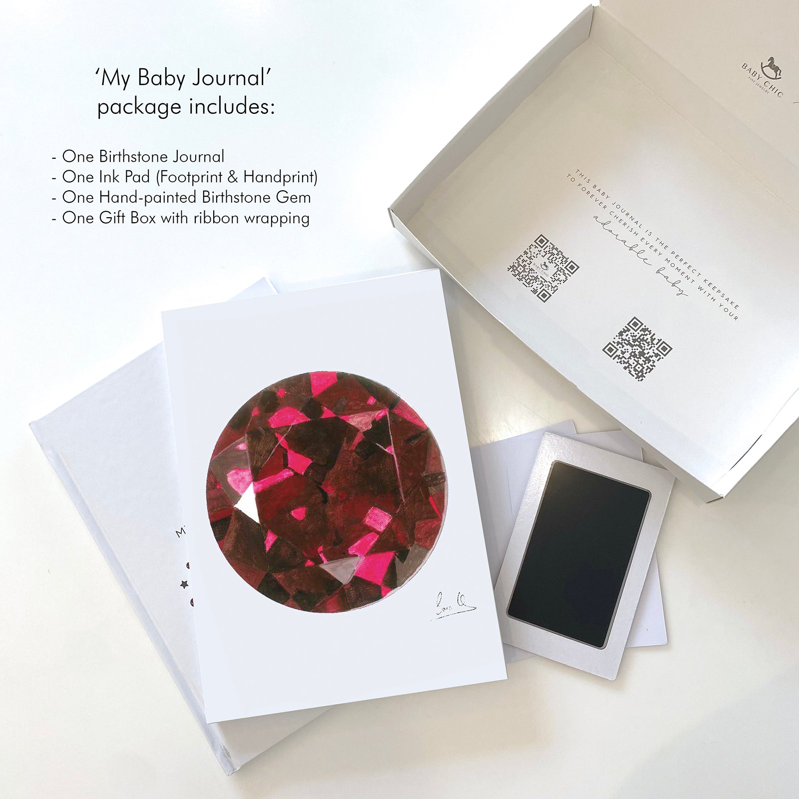 Garnet birthstone baby journal gift set with ink pad and keepsake box