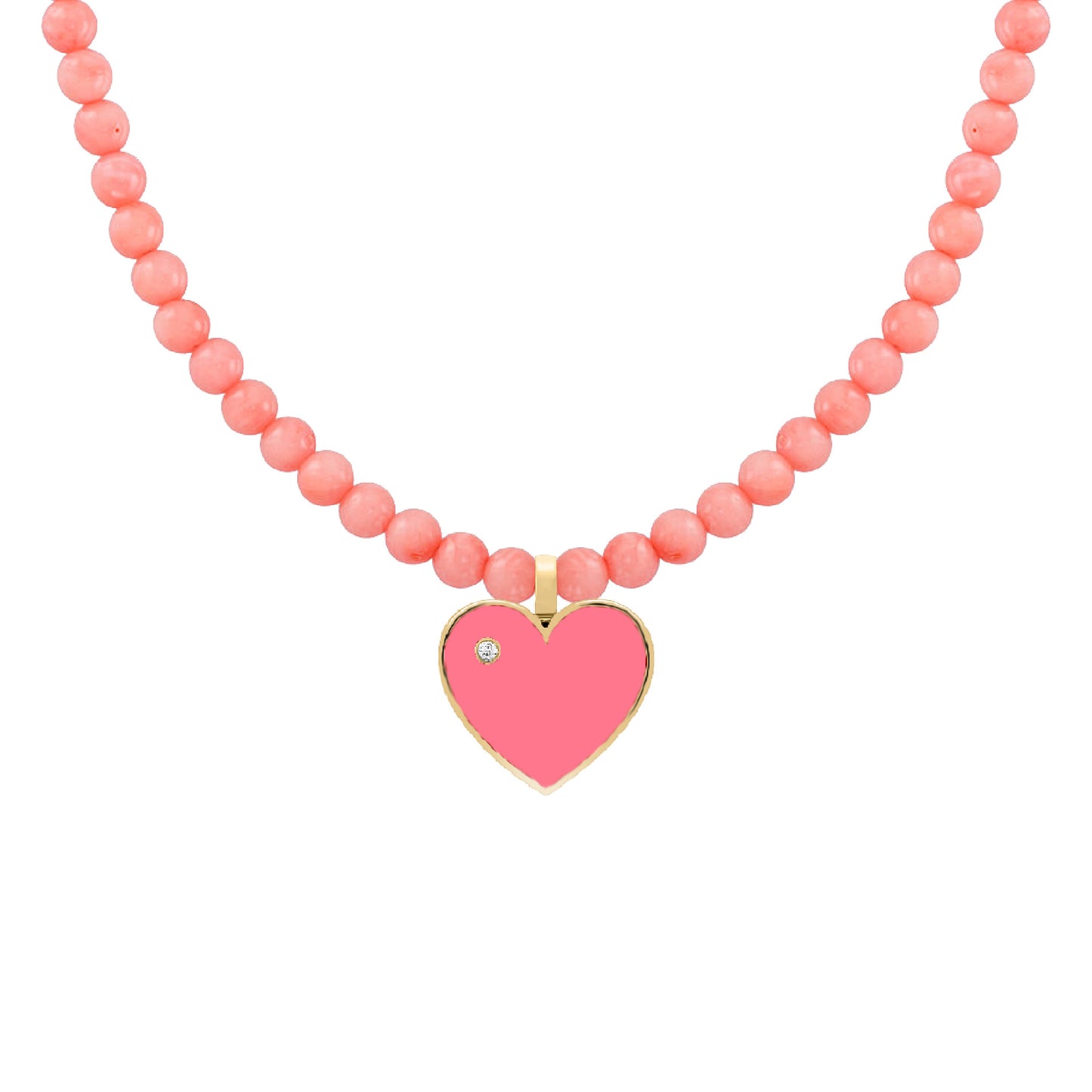 Beaded children’s necklace featuring round pink beads and a gold heart pendant with pink enamel and a small diamond accent.