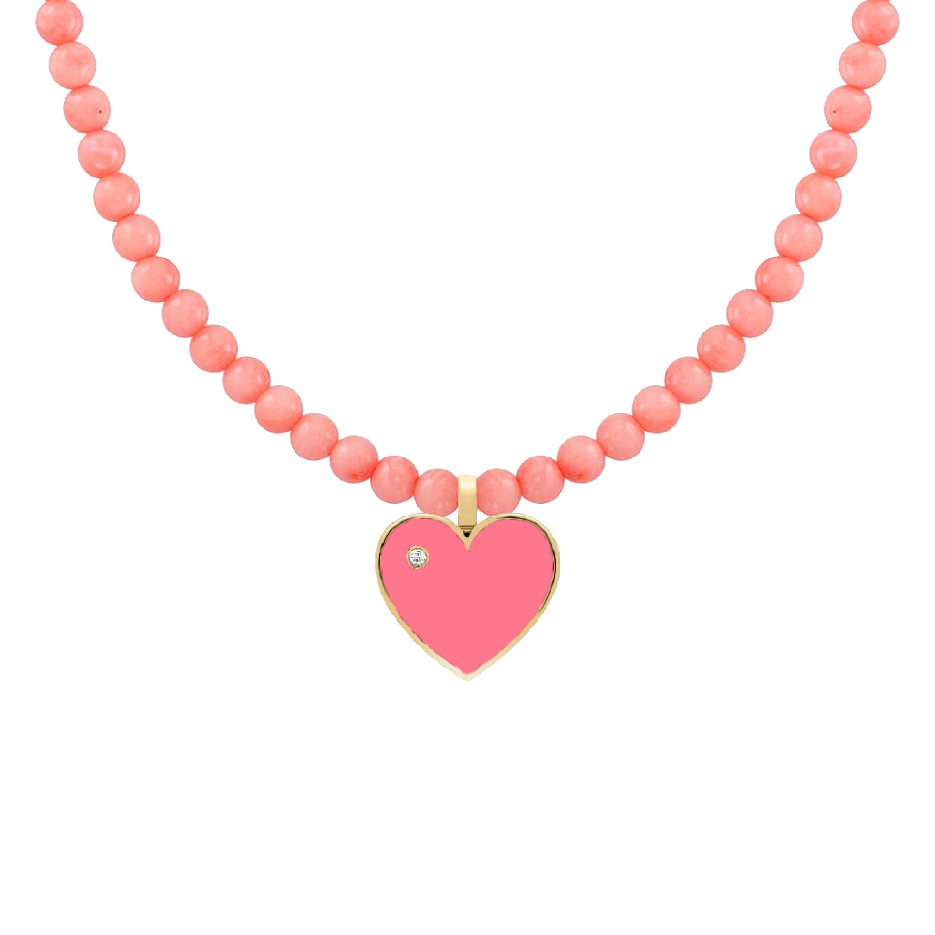 Beaded children’s necklace featuring round pink beads and a gold heart pendant with pink enamel and a small diamond accent.