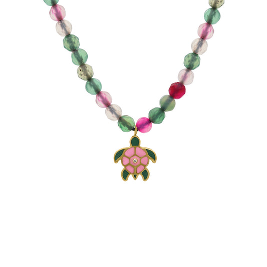 Colorful beaded necklace with a pink and green enamel turtle charm featuring a small diamond in the center, displayed on a white background.