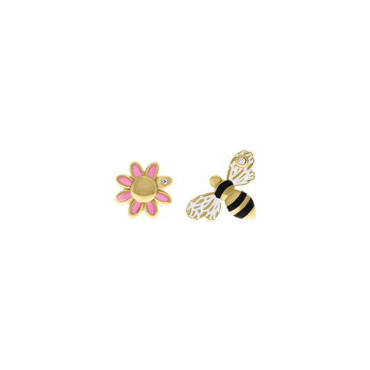 Mismatched pair of stud earrings featuring a pink enamel daisy with a diamond accent and a black, white, and gold enamel bee with a diamond on its wing, displayed on a white background.