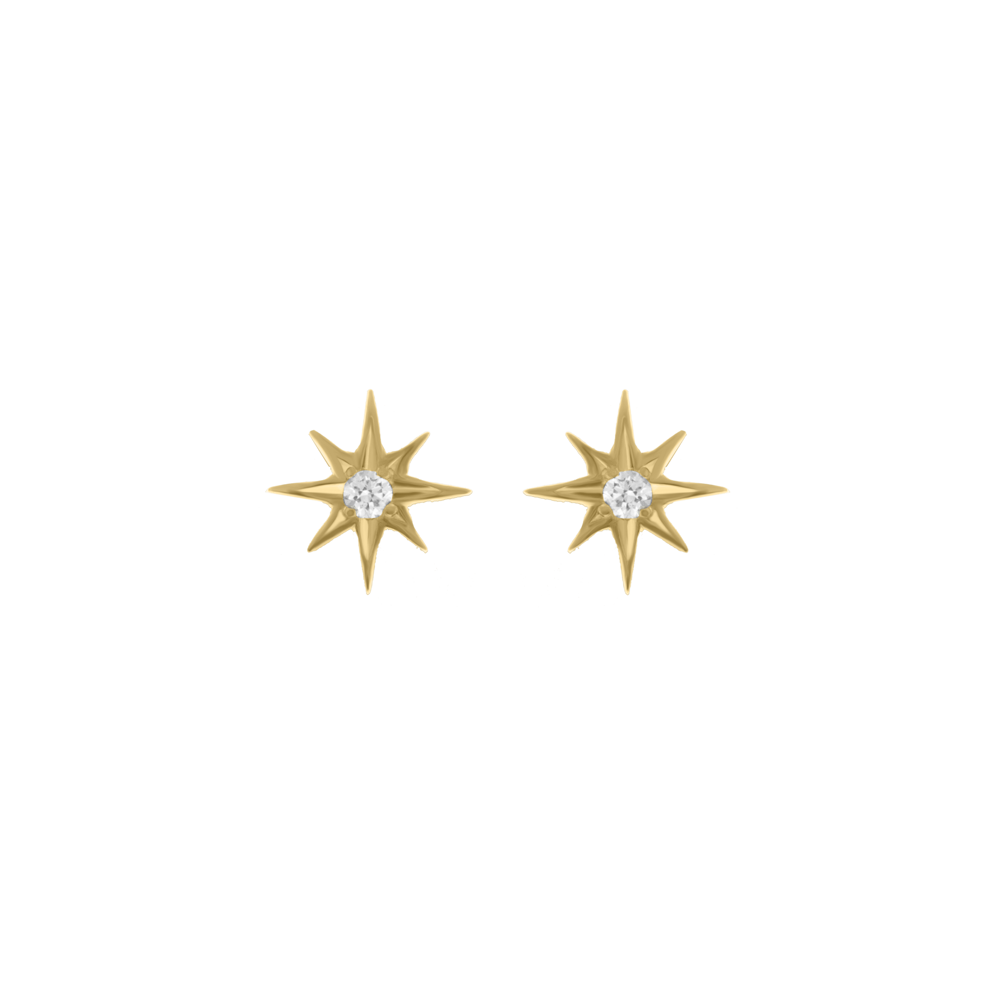 Pair of gold starburst-shaped stud earrings with eight points, each featuring a central round diamond, displayed on a transparent background.