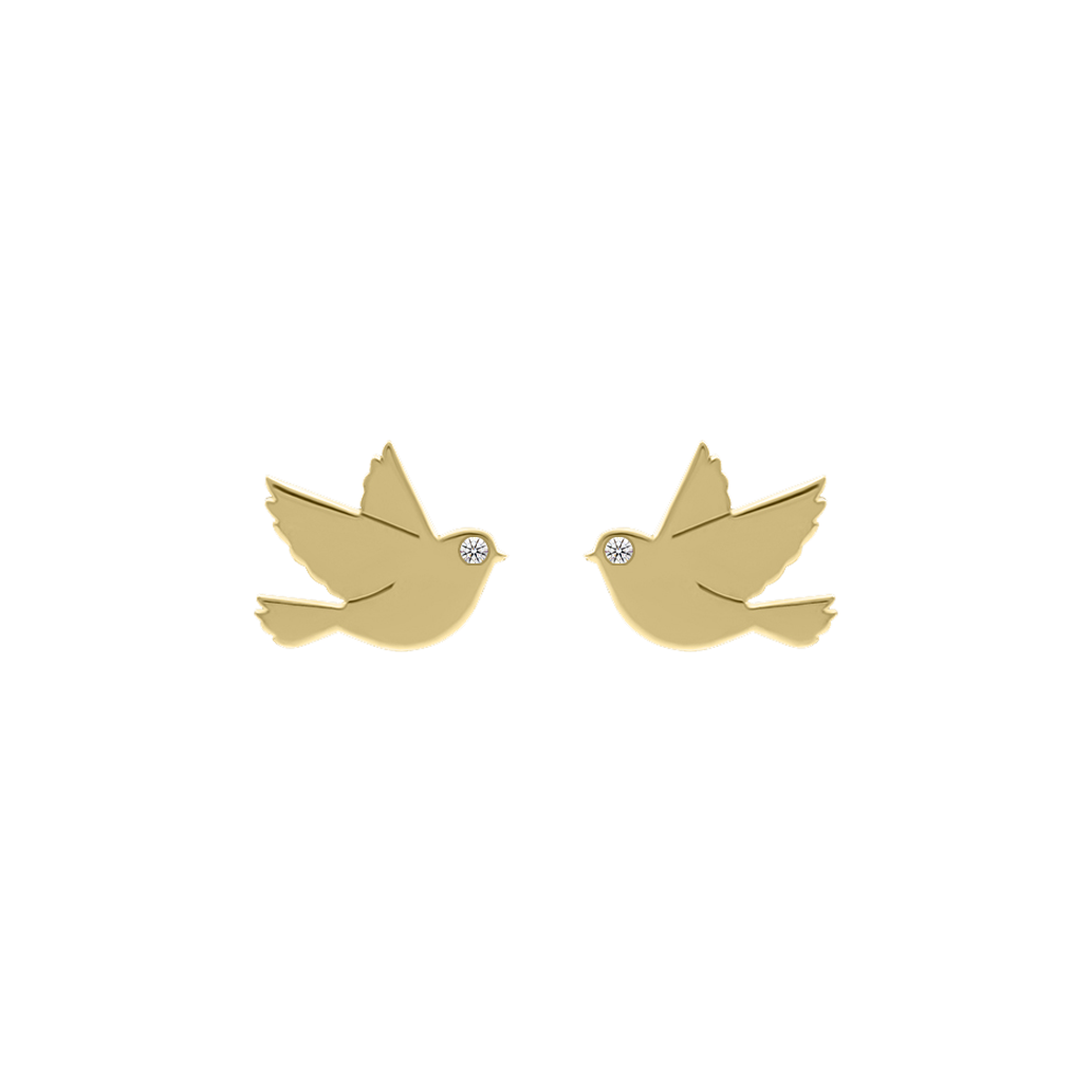 Pair of gold bird silhouette stud earrings with tiny diamond eyes, displayed on a transparent background.
