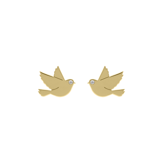 Pair of gold bird silhouette stud earrings with tiny diamond eyes, displayed on a transparent background.