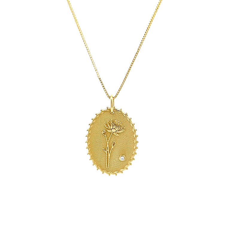 Gold May birth flower necklace with lily of the valley design and diamond accent