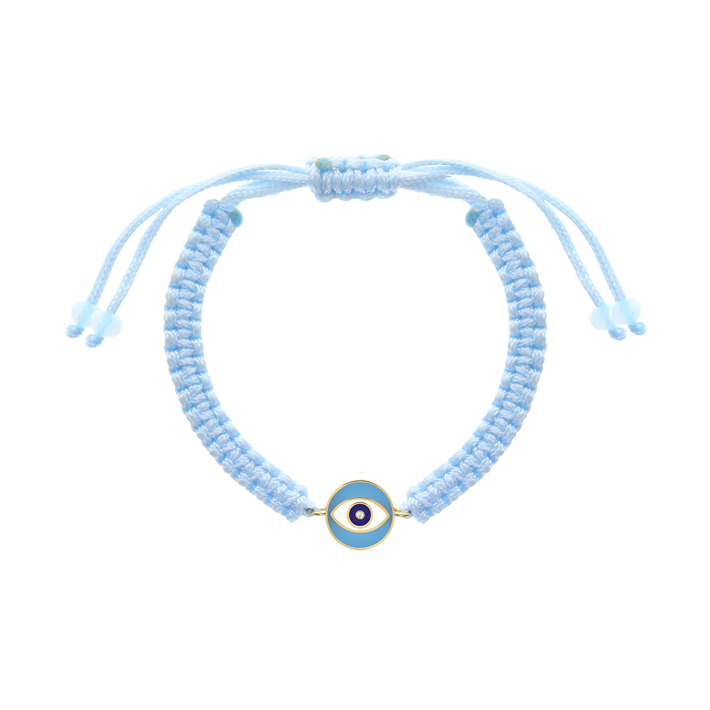 Adjustable blue macramé bracelet with a gold frame and an evil eye symbol in the center