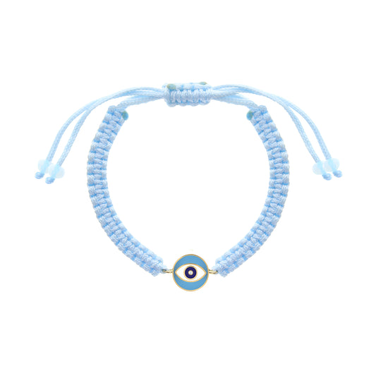 Adjustable blue macramé bracelet with a gold frame and an evil eye symbol in the center