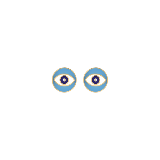 Front-facing view of BabyChic’s Blue Nazar Diamond Earrings featuring a stylized eye design in sky blue enamel and centered with a delicate diamond.