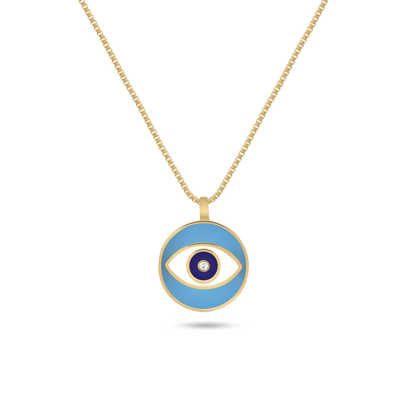 Blue Nazar Diamond Necklace with gold chain and protective eye design in vibrant blue enamel and a central diamond.