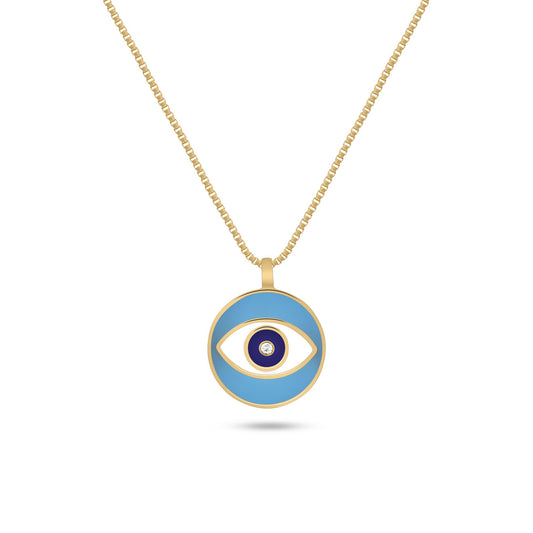 Blue Nazar Diamond Necklace with gold chain and protective eye design in vibrant blue enamel and a central diamond.