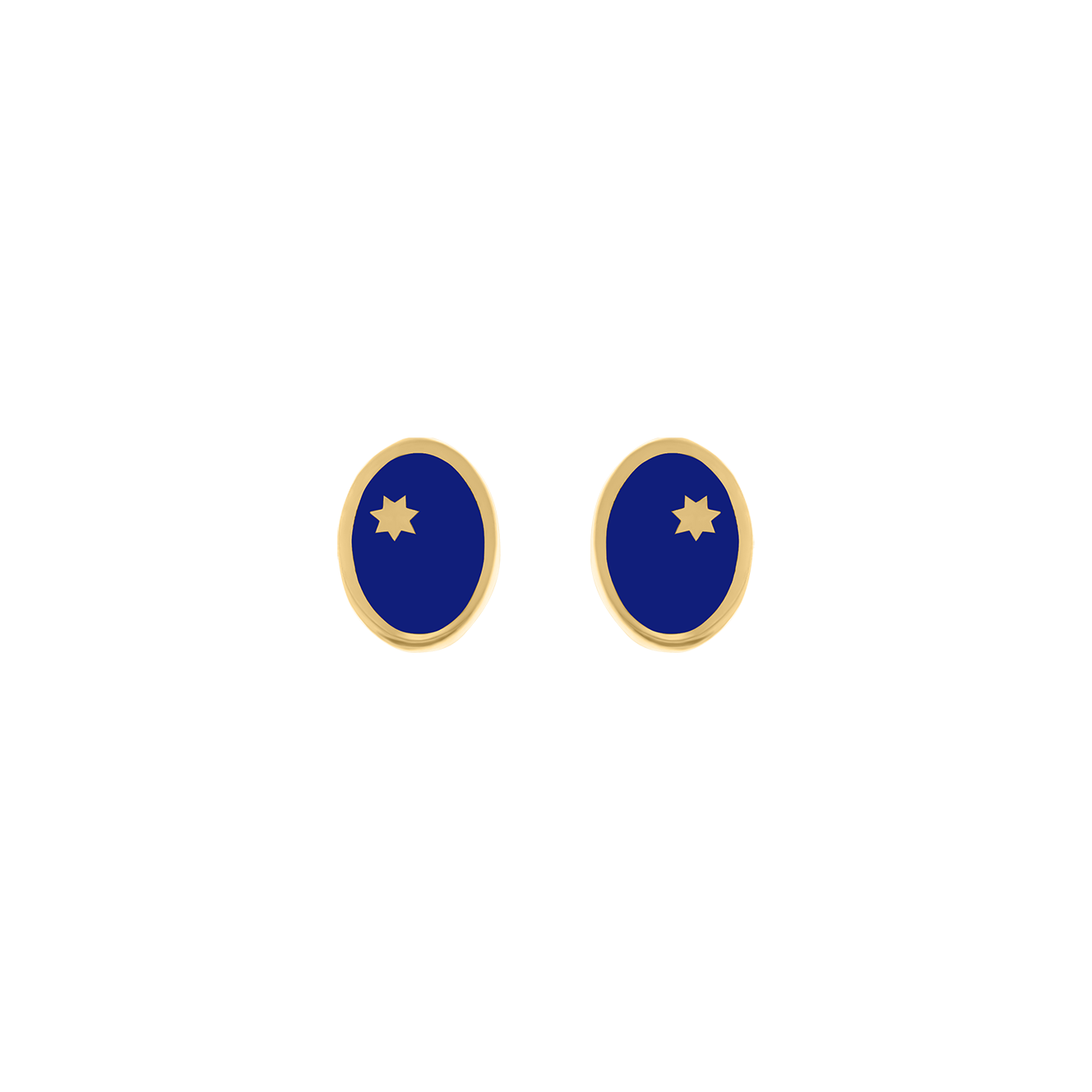 Yellow gold oval stud earrings with blue enamel and gold star detail