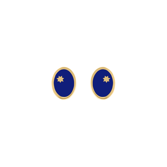 Yellow gold oval stud earrings with blue enamel and gold star detail